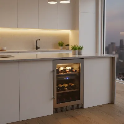 A sleek, modern compact wine cooler integrated into a small apartment kitchen counter with wine bottles visible.