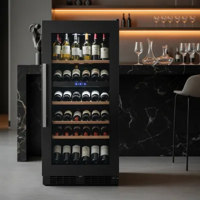 Modern freestanding wine cooler with elegant glass door and interior LED lighting showcasing various wine bottles in a stylish home bar setting