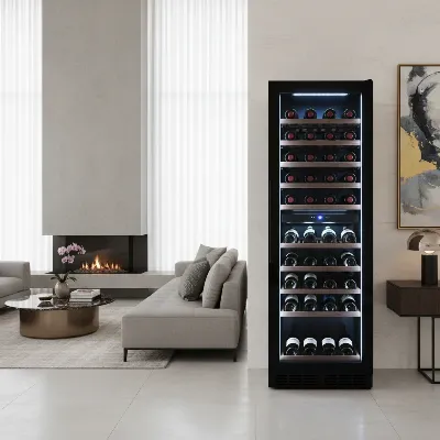Elegant freestanding wine cooler in a modern living room, showcasing a visible wine collection behind a glass door.
