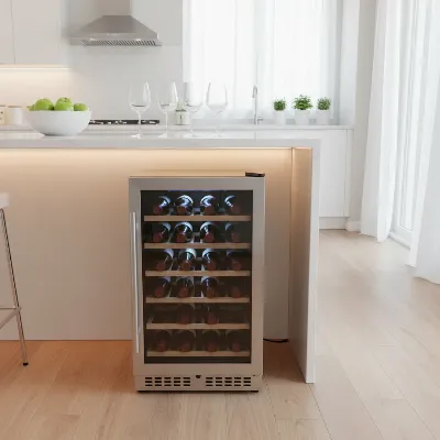 Sleek Ivation 18 Bottle Freestanding Wine Cooler in a modern kitchen setting, showcasing its compact design
