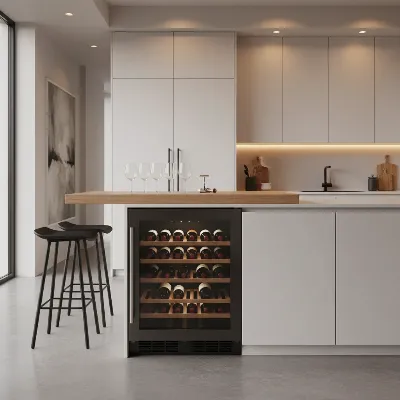 A sophisticated large capacity wine cooler built into a modern kitchen island, showcasing various wine bottles.