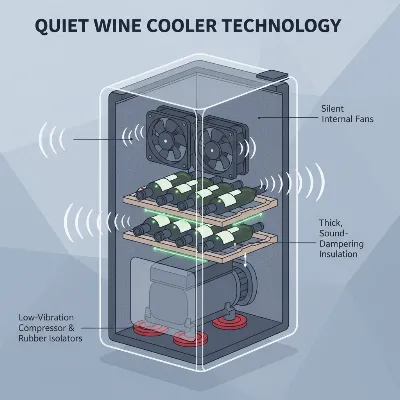 Illustrative diagram showing key features of a quiet wine cooler, including vibration-dampening compressor mounts and quiet fan technology.
