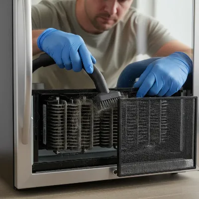 A person cleaning the condenser coils of a wine cooler with a vacuum attachment