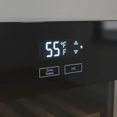 Digital display of a wine cooler showing temperature settings and controls