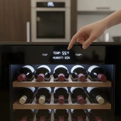 A hand adjusting the digital temperature and humidity display on a sleek, modern wine cooler