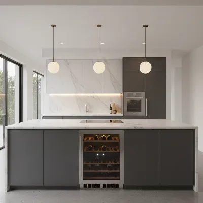 Modern kitchen with an integrated built-in wine cooler blending seamlessly into the cabinetry, showcasing various wine bottles.