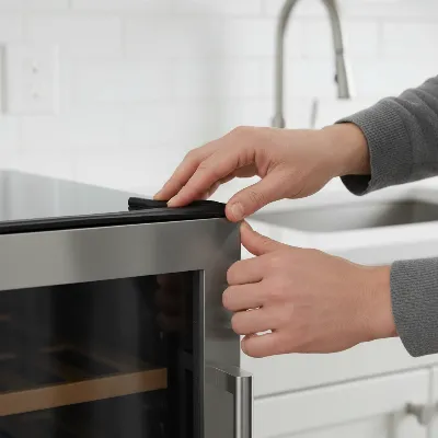 Person checking the seal of a wine cooler door for maintenance