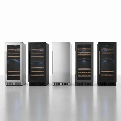 A visual display of various narrow wine coolers lined up in a modern showroom setting, highlighting different widths and designs for kitchen integration.