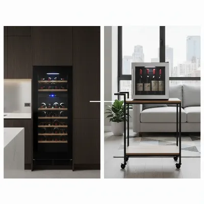 A side-by-side comparison of a sleek built-in wine cooler and a compact countertop wine cooler in a modern apartment setting.