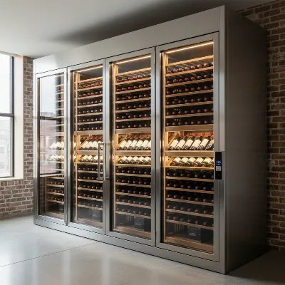 A grand wine vault filled with wine bottles, showcasing organized storage in a temperature-controlled environment.