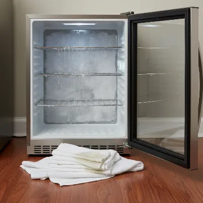 A wine cooler with its door open, showing ice melting naturally from the back wall, with towels placed on the floor to catch water.